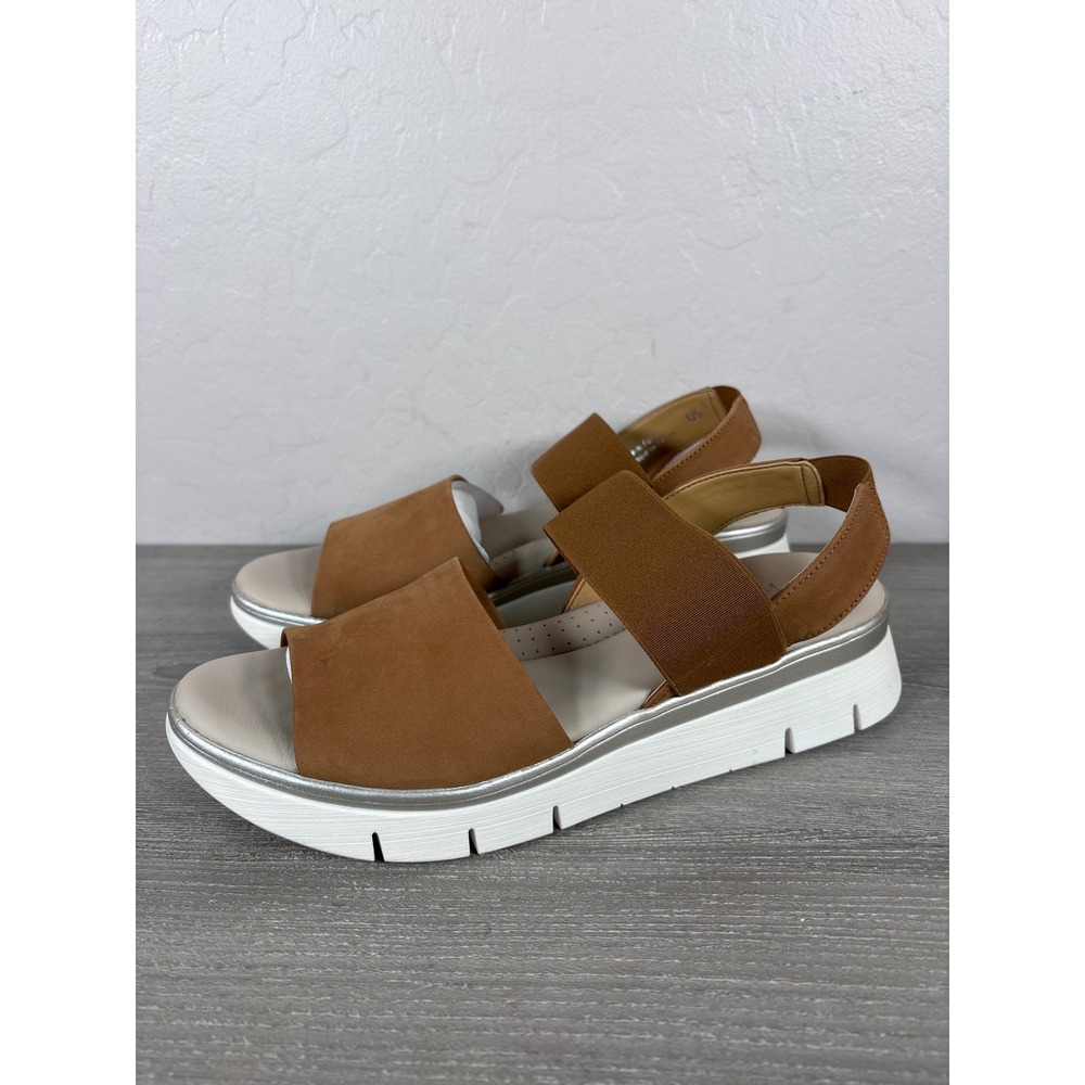 The FLEXX Cushy Nubuck Cognac Tan Platform Slingback Sandals Womens 9 M Stretch